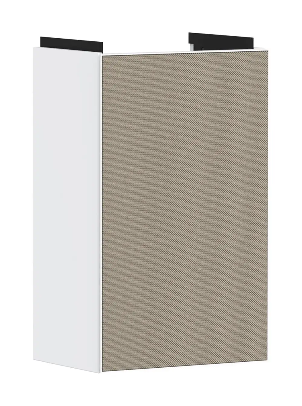 Waschtischunterschrank in Mattweiß von Hansgrohe, mit einer einheitlichen Bauform und einer seitlichen Türöffnung auf der linken Seite.